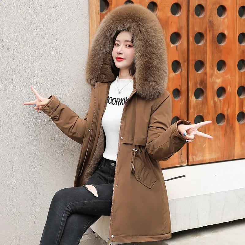 Women Parka Fashion Winter Jacket Slim with Fur Collar Warm Snow Wear Padded Clothes Long Coat Wool Liner Hooded Parkas