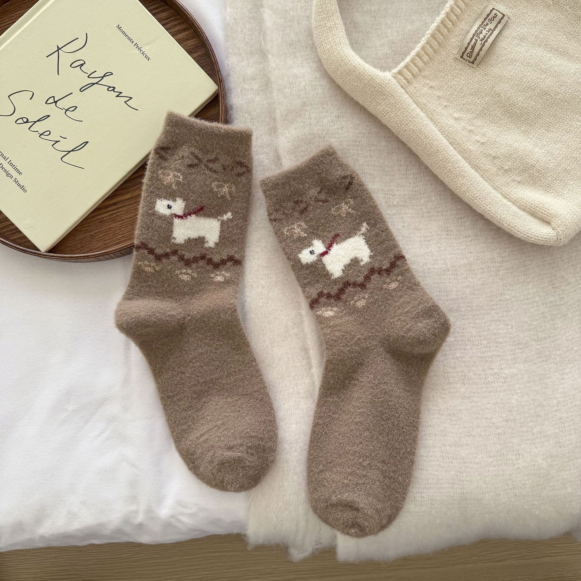 

Ladies Autumn and Winter Warm Plus Thick Retro Cute Puppy Tube Pile Socks 1 pair