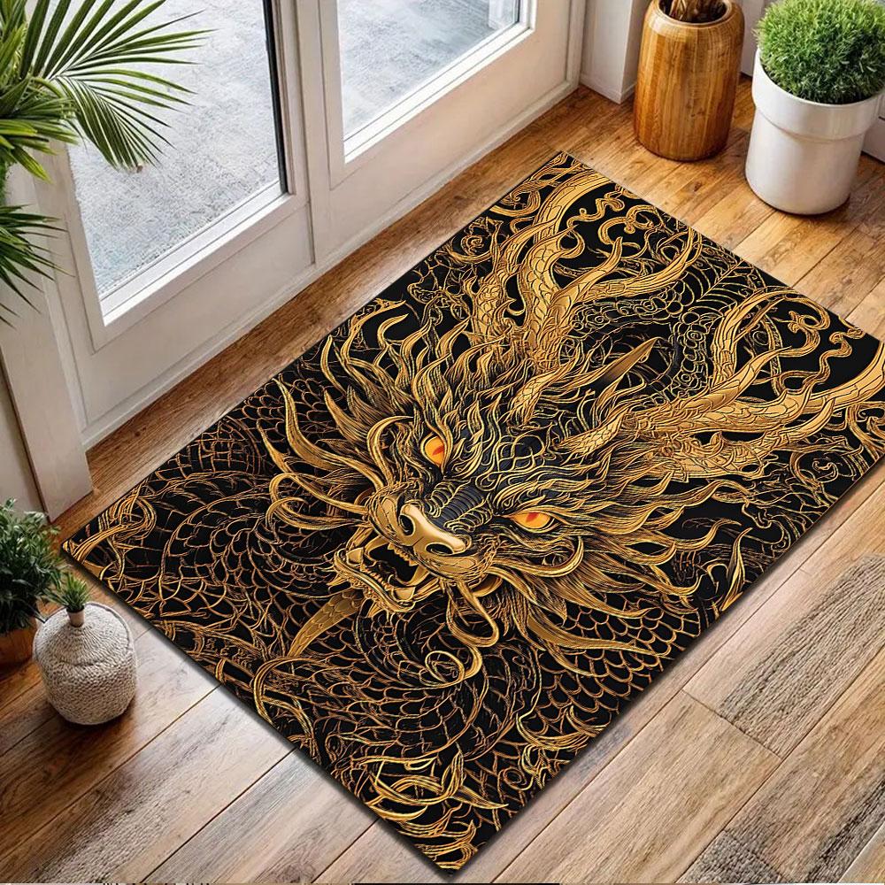 Golden Dragon Motif Rug Patterned Carpet, Non Slip Mat Suitable for Living Room and Bedroom Sofas