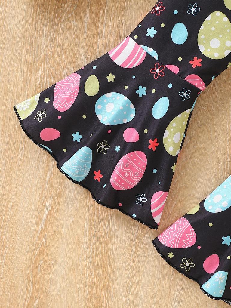 Toddler Girl Summer Outfit 1-6 Years Old Pink Rabbit Top with Black Easter Egg Print Bell Bottom Pants Cute Casual Set