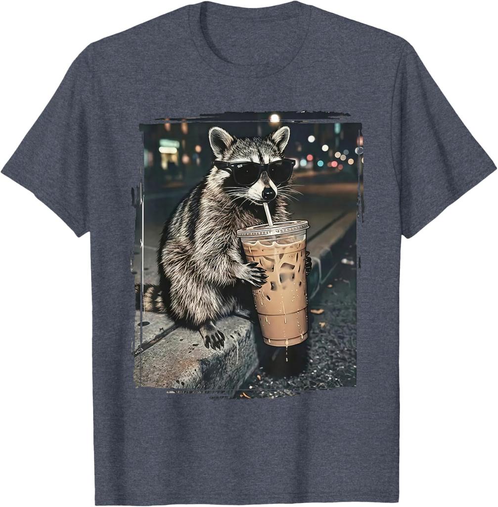 Waschbär trinkt Eiskaffee Lustiges Tier-Meme T-Shirt Unisex Sommer Baumwollkleidung Mode Rundhals Kurzarm T-Shirt