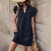 Summer Style Loose Straight Dress - Casual Vacation Stand Collar Solid Color European and American Fashion