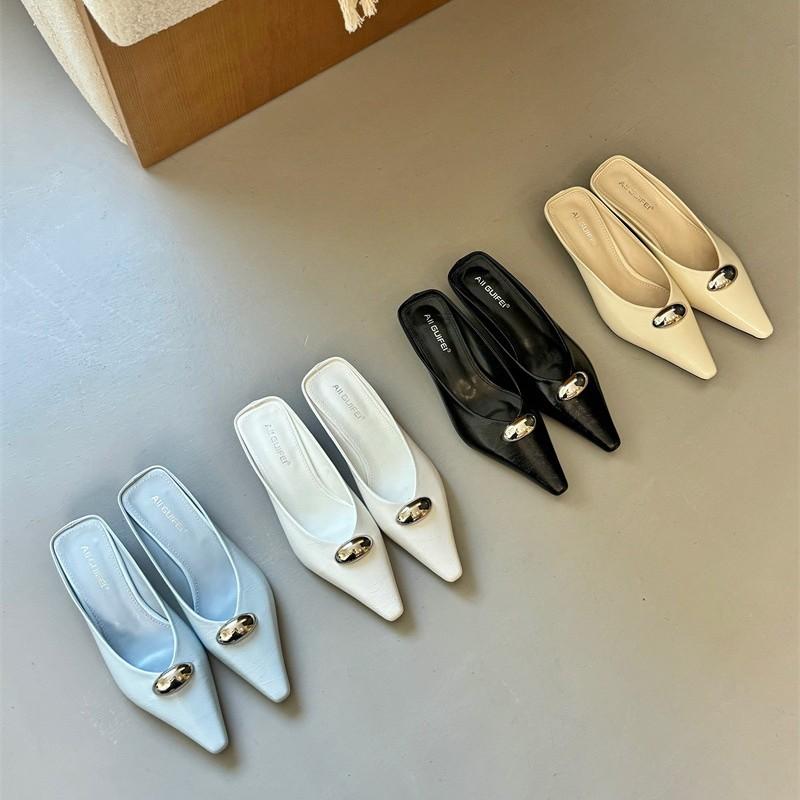 Fashion French Style High Heel Slippers Women Pointed Toe Metal Buckle Slip On Mules