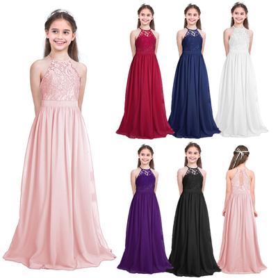 Kinder-Mädchen-Kleider, ärmellos, Neckholder, Chiffon, Spitze, Festzug, Brautjungfer, Hochzeit, Blumenmädchenkleid, formelles Abend- und Partykleid