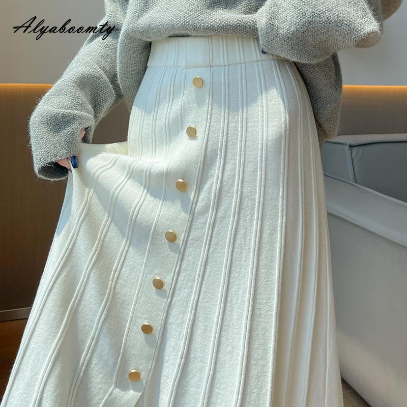 French Style Autumn Winter Women Knitting Skirt High Waist Beige Black Knitted Ruffles Skirt Elegant Feminine Split Ladies' Skirts Womens