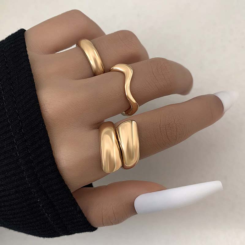 6Pcs/set Gold Color Geometric Chunky Open Rings Set for Women Exaggerated Metal Smooth Adjustable Finger Ring Jewelry Gifts New