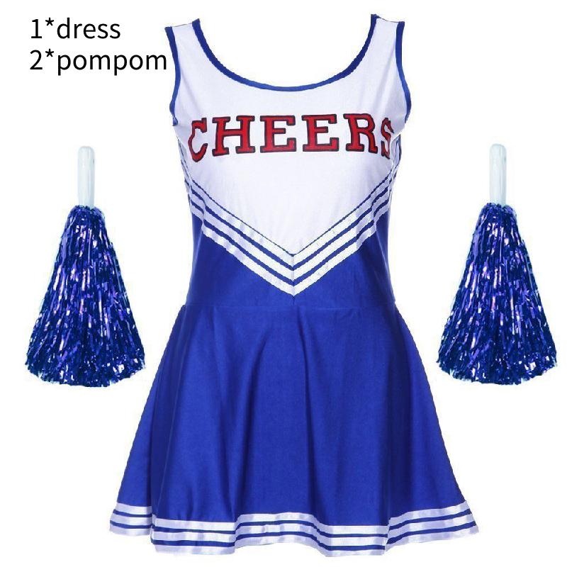 Fancy Dress Cheerleader Outfit Uniform Cosplay Costume With Pom Poms High School