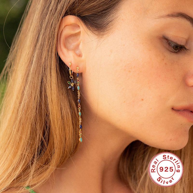 Cercei Eleganti Temperament Argint Sterling S925 Cercei cu Franjuri Diamante Colorate Cercei Super Zână Floare Stil Francez Femei