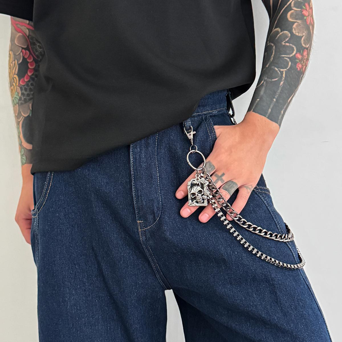 Salircon Goth Metal Skull Pendant Waist Chain Keychain Men Decorated Jeans Hipster Hip Hop Punk Pants Chain Halloween Jewelry
