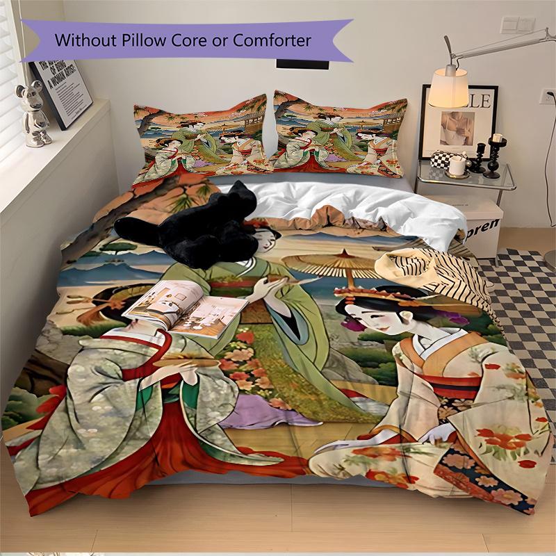 3pcs Anime Kimono Geisha Comforter Set with One Quilt Cover and Two Pillowcases (No Core) - Home Decor, Festival Gift, Polyester Fabric, Anime Cartoon