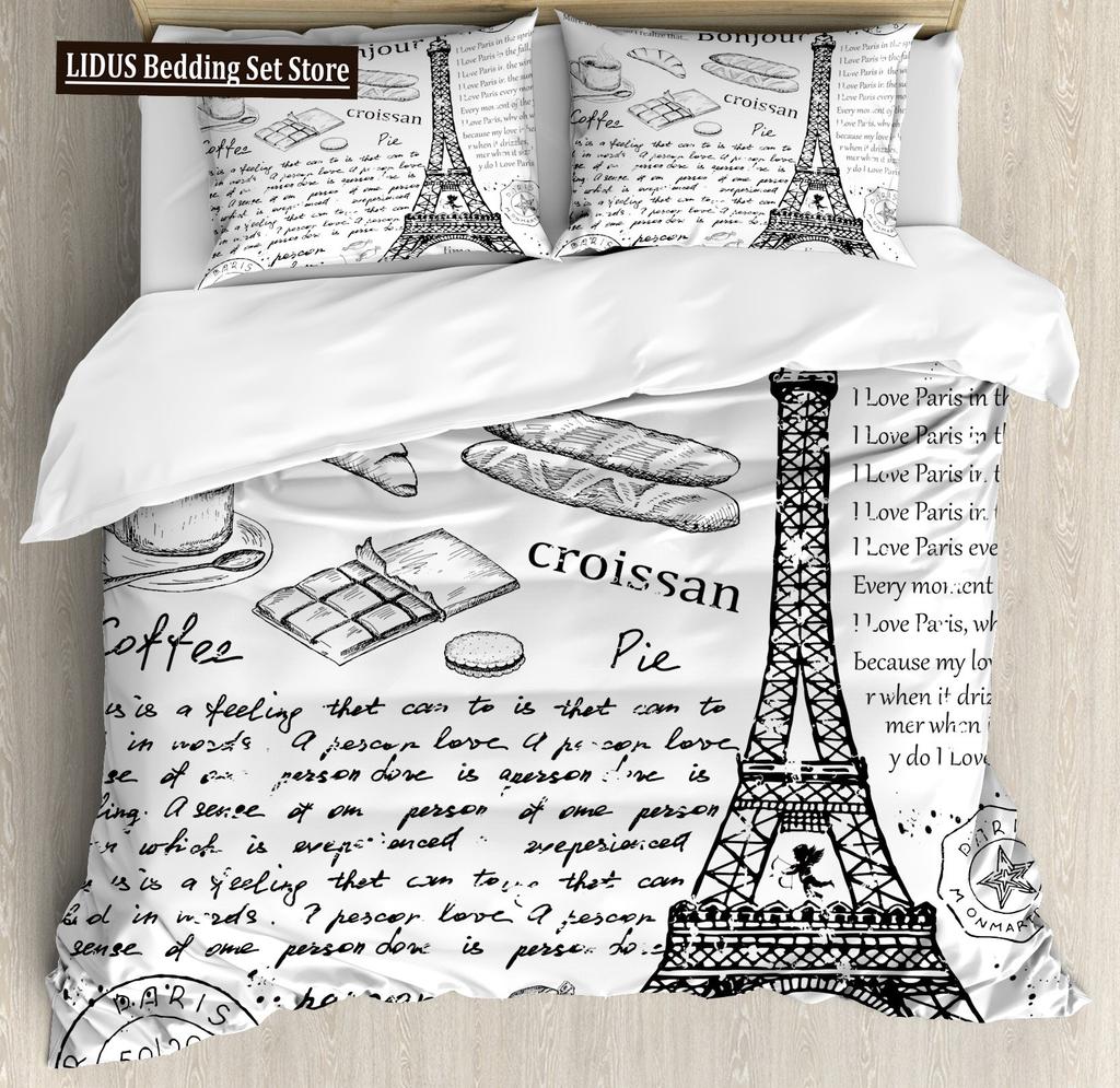 Eiffel Tower Duvet Cover Paris Tower Red Car Bedding French Style Home Decoration Grey Cityscape French Romantic Gift For Women
