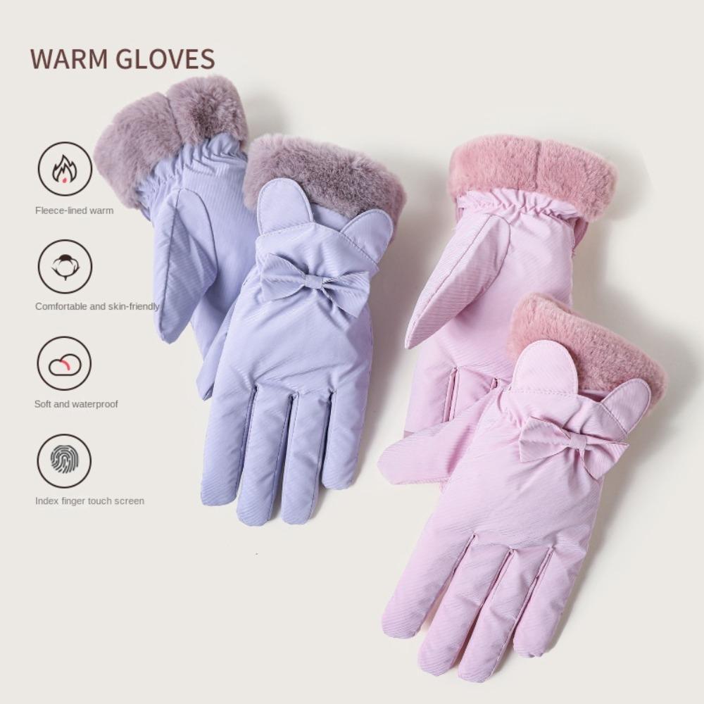 Soft Plush Thickened Gloves  Satin Windproof Gloves Gift Bow Anti-cold Mittens  Daily