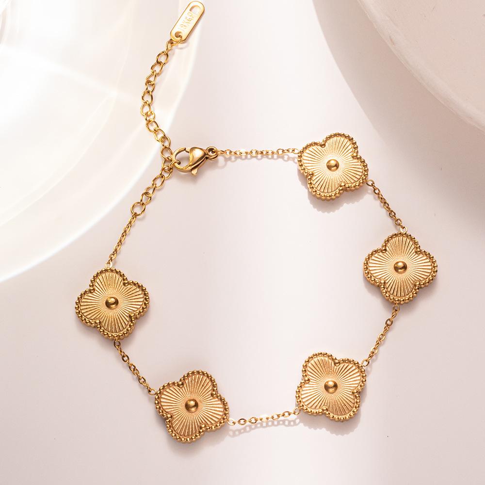 Engraved Titanium Steel Minimalist Lucky Flower Bracelet for Women