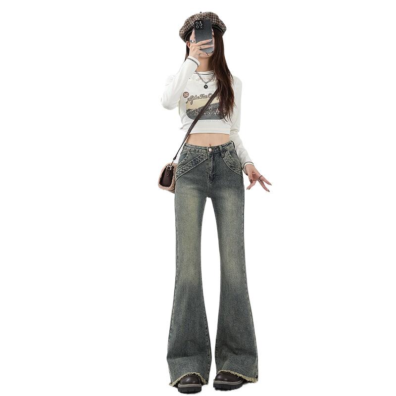 Vintage Design Rough Edge Micro-horn Denim City Girls Early Spring Low-rise Babes Splicing Elastic and Thin Floor-mopping Trousers