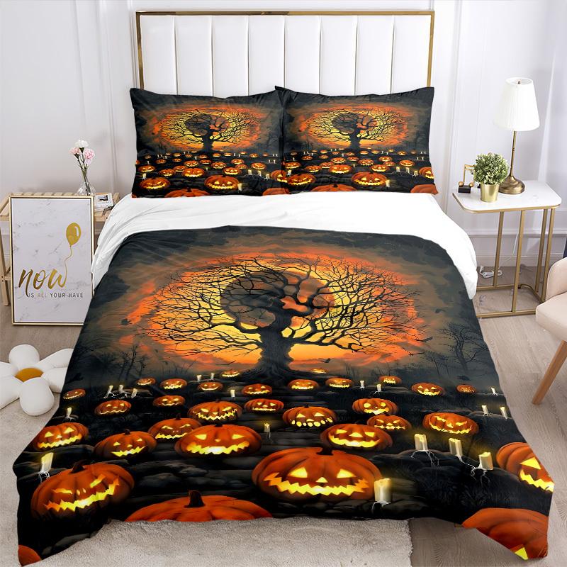 3pc Halloween Pumpkins Cover Set - 1 Quilt Cover + 2 Pillowcases, All Seasons Bedroom Setting, Perfect for Home023