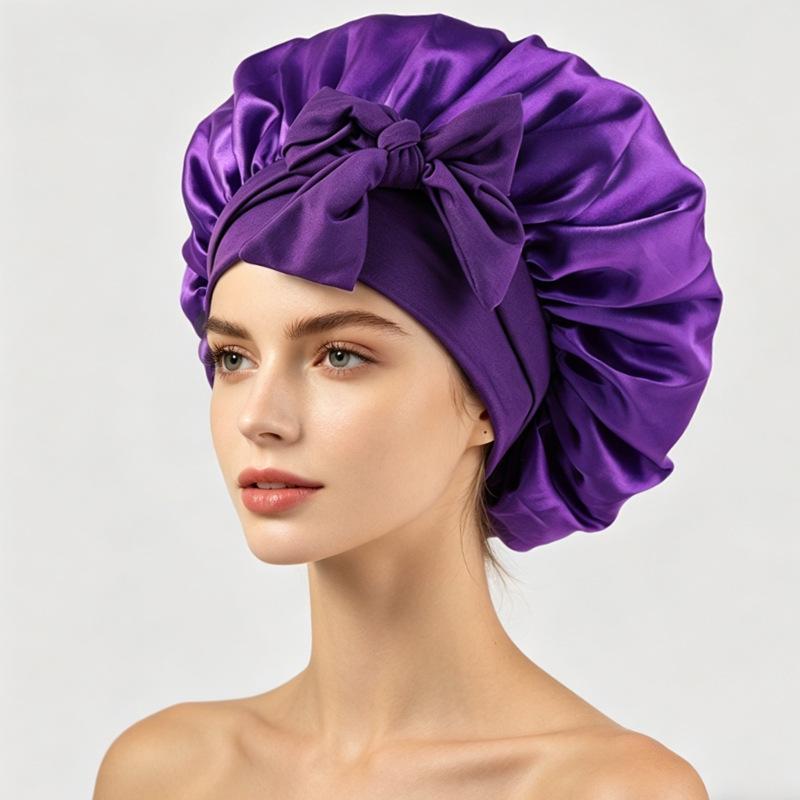 Silky Satin Sleep Cap with Tie-Up Ribbon for Women - Hair Care Hat