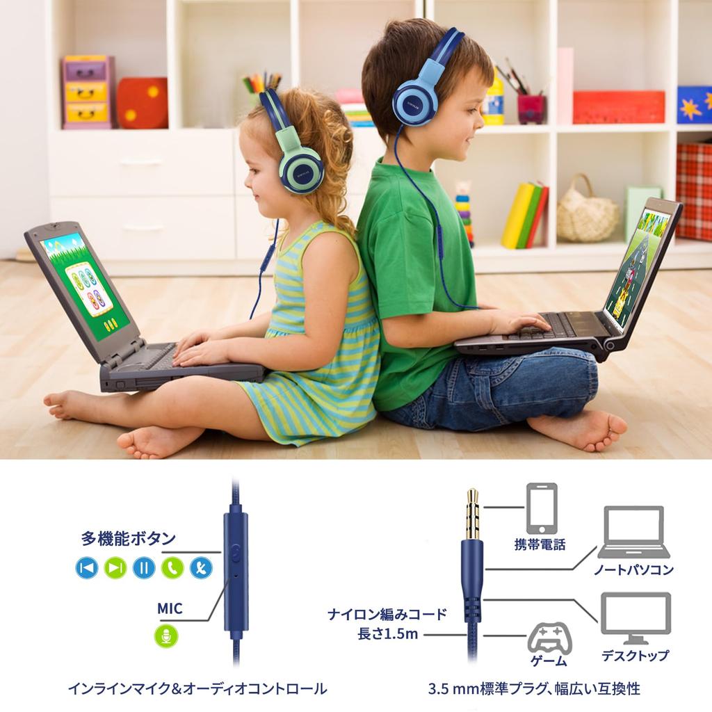 SIMOLIO Wired Headphones with 94db Volume Hearing Voice Blue Kids' Mic, Limit, Protection, Chat, Fortnite, 3.5mm Cord, School/Travel Use, (902B)