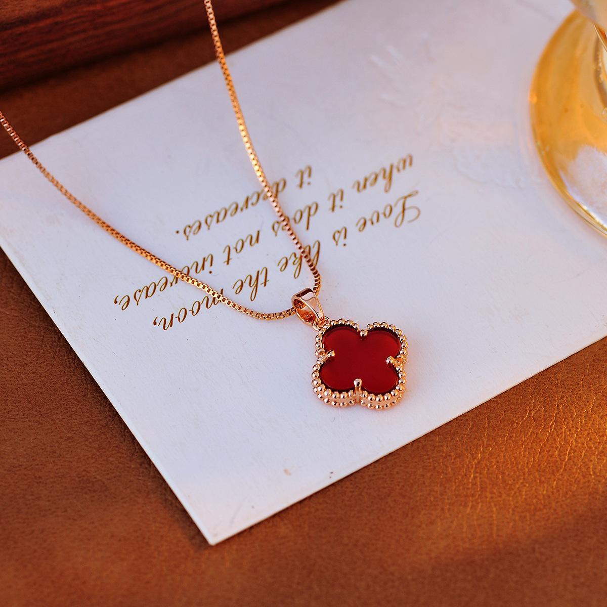New Style Red Four-leaf Clover Necklace for Women Natural Red Agate Choker