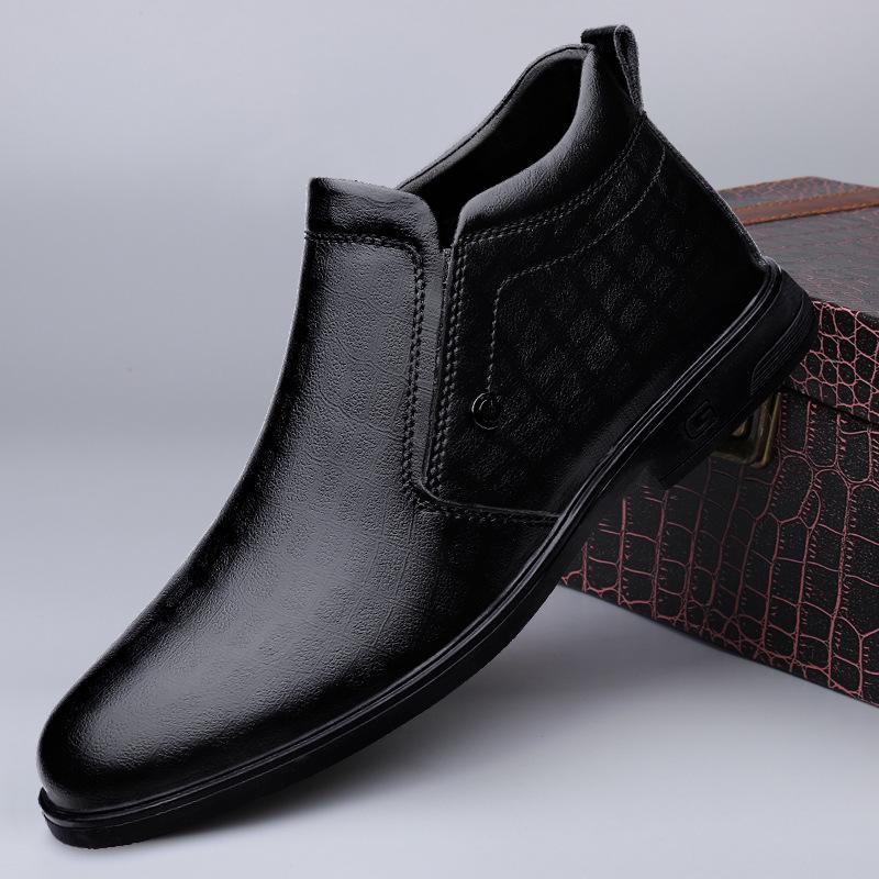 Men's Black High-Top Velvet-Lined Leather Work Boots - Slip-On Dad Shoes for Autumn/Winter