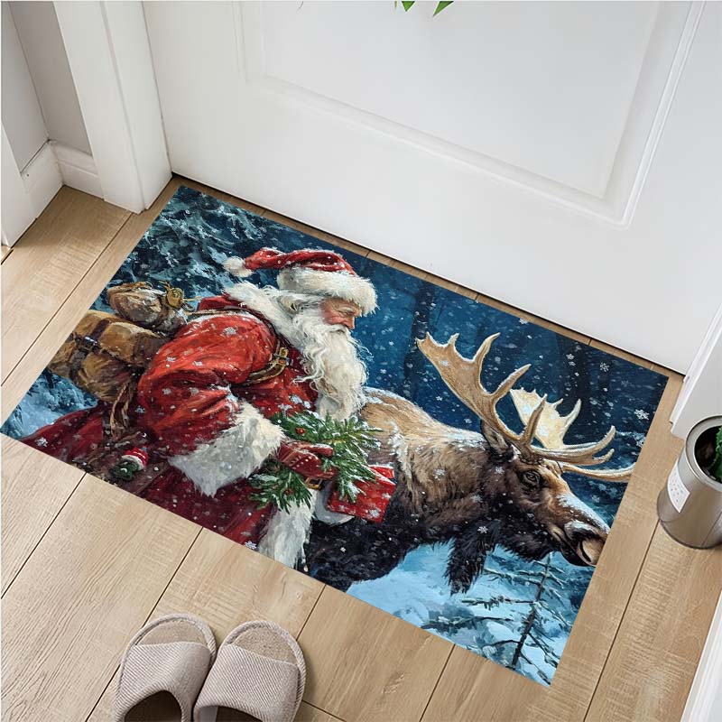 Santa Claus Reindeer Sleigh Christmas Doormat, Winter Night Non Slip Entrance Floor Rug