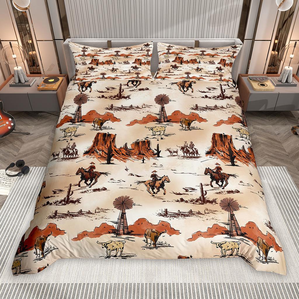 Homewish Southwestern Cowboy Cowgirl Duvet Cover Set 2pcs/3pcs, Rustic Texas Star Bedding, Retro Hat Boots Quilt Cover Set