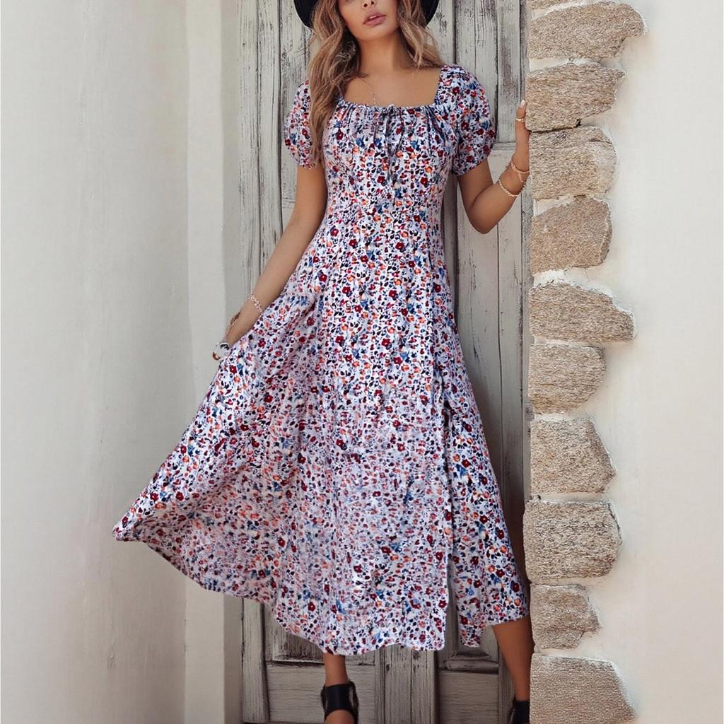 Women's Summer V-neck Flower Floral Print Pocket Short Sleeve Dress