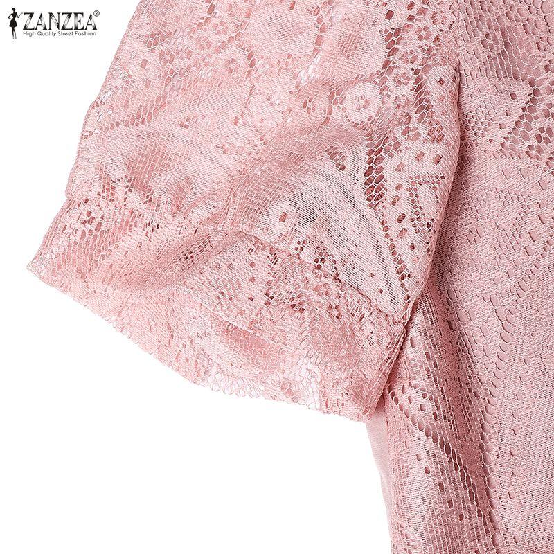 ZANZEA Women Lace Patchwork Casual Round Neck Short Sleeve Dress