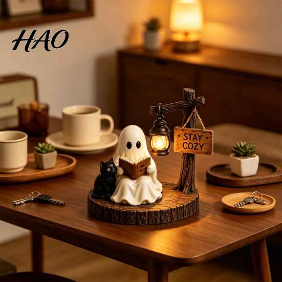 Fall Home Accents Halloween Ghost Figurine, Vintage Cozy Reading Book/Walking Dog Statue with Lantern, Seasonal Desktop Ornaments Light Up Spooky