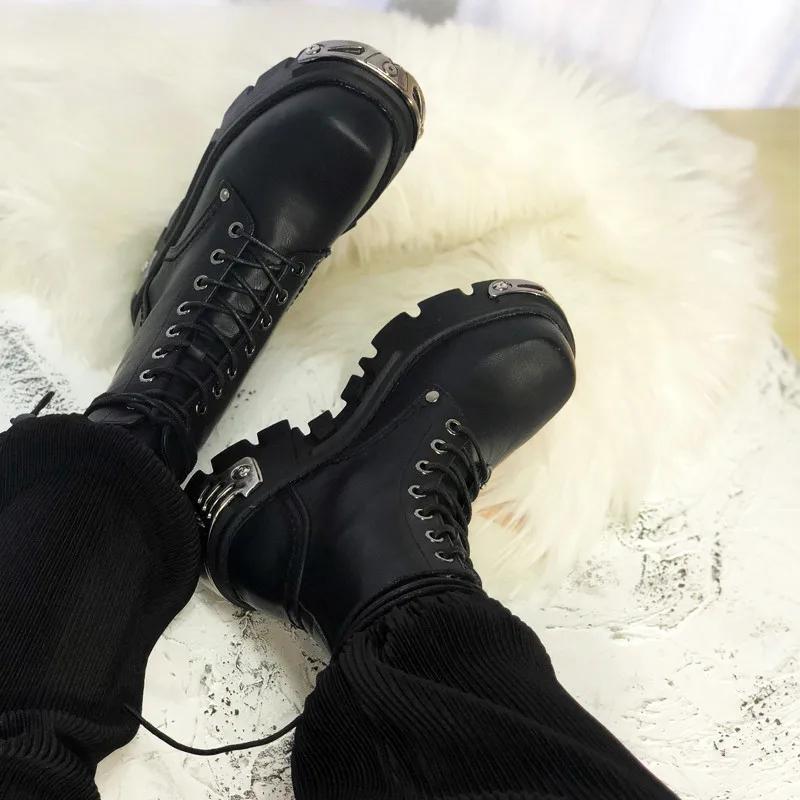 Punk Style Women Ankle Boots Black 6CM Platform Boot High Tops Boots Metal Decor Autumn Winter Botas Mujer