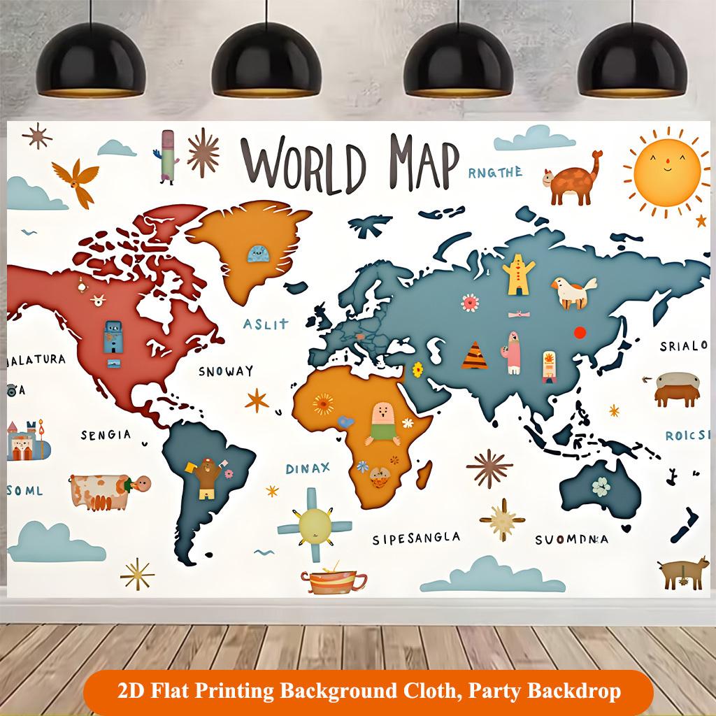 1 Piece of 2D Flat Background Fabric Background Fabric Showing the Landscapes of Various Continents for Map Display