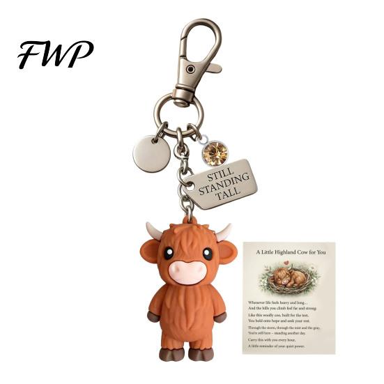 Metal Keychain A Little Highland Cow for You Keychain, 3D Resin Keyring with Birthstone Charm & Sentiment Card, Your Daily Reminder of Quiet Strength