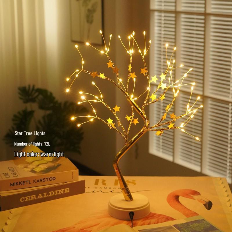 LED Bonsai Tree Lamp: Silver Branches with Pearls and Gold Leaf, Perfect for Christmas or Night Lighting