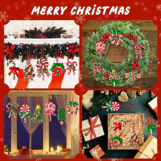 Christmas Gift Decorations 16 Pcs Lollipop Ornaments, Red Green Striped Peppermint Swirl Candy Cane Wooden Tree Pendants Hanging Decoration, Colorful