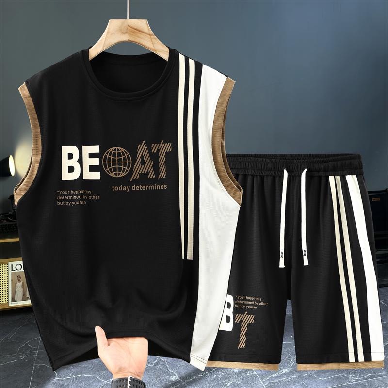 

Men s Plus Size Sparkly Print 2-Piece Set, Sleeveless Tank & Shorts Summer Outfit (5XL-11XL) 5XL(90kg-100kg) чёрный