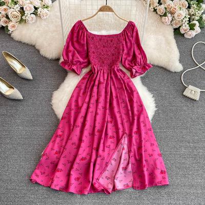 Summer Women's French Gentle Wind Sweet Square Neck Bubble Short Sleeve Waist Thin Open A Word Dress