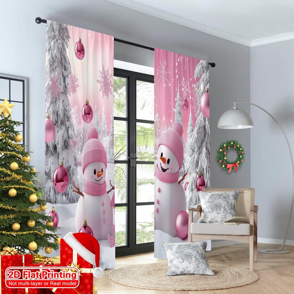 2D flat printing 2pcs Christmas Scene Curtain Pink and White Winter 100% Polyester Without Electricity Festive Wall Decor
