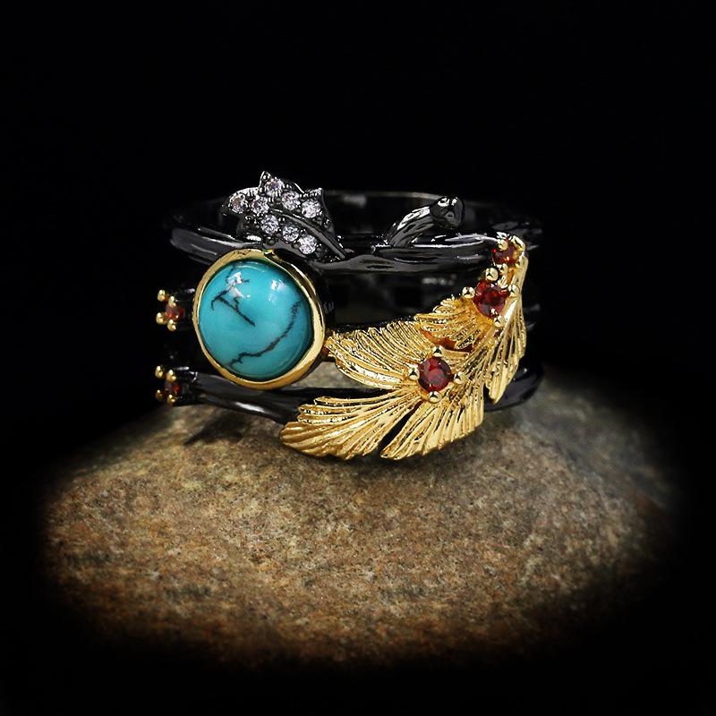 New European and American Popular Jewelry Style Two Color Electroplated Turquoise Engagement Ring