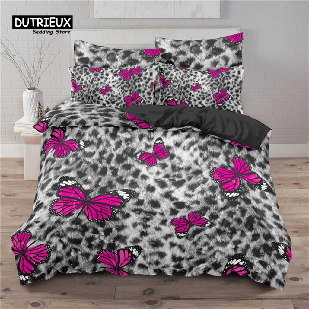 Soft Butterfly Bedding Set Microfiber Leopard Print Background Duvet Cover Set For Adult Bedroom Decor As Greetings and Presents