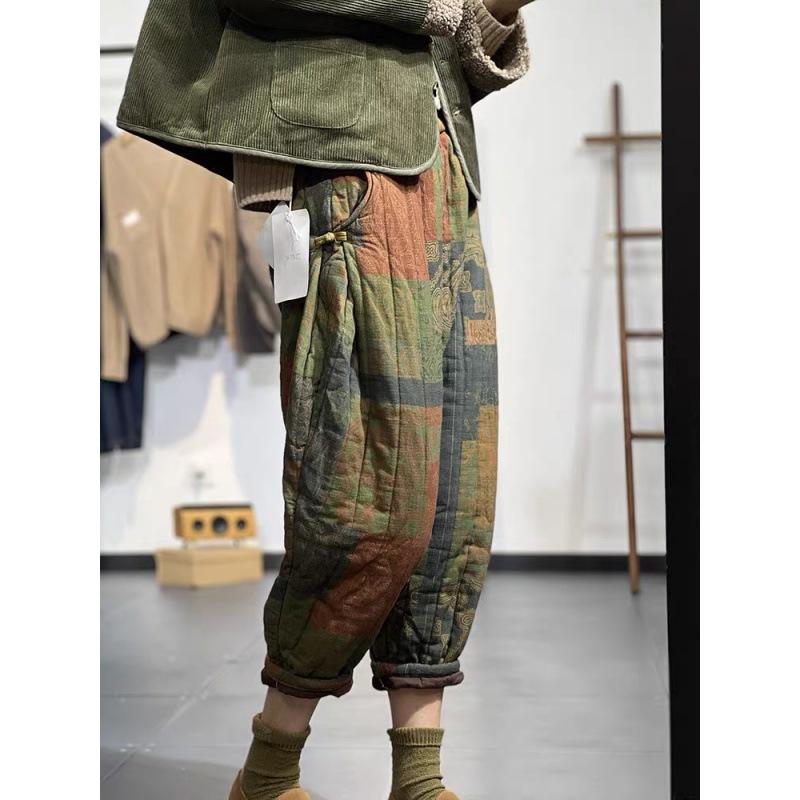Herbst und Winter Übergröße Damen Ethno-Stil Verdickte elastische Taille Hundert bedruckte warme lockere elegante Hose