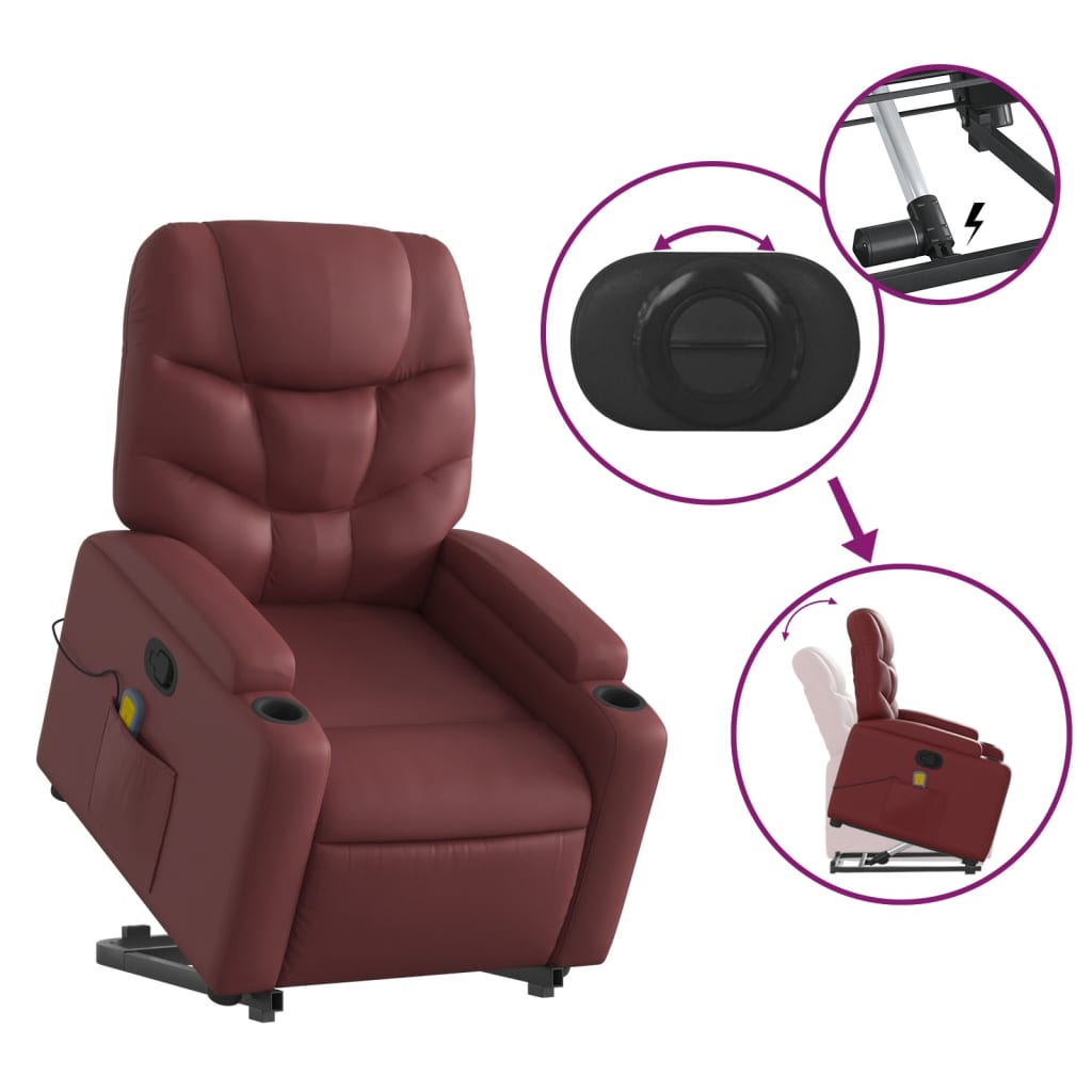 Massage Recliner with Rising Function Burgundy Faux Leather