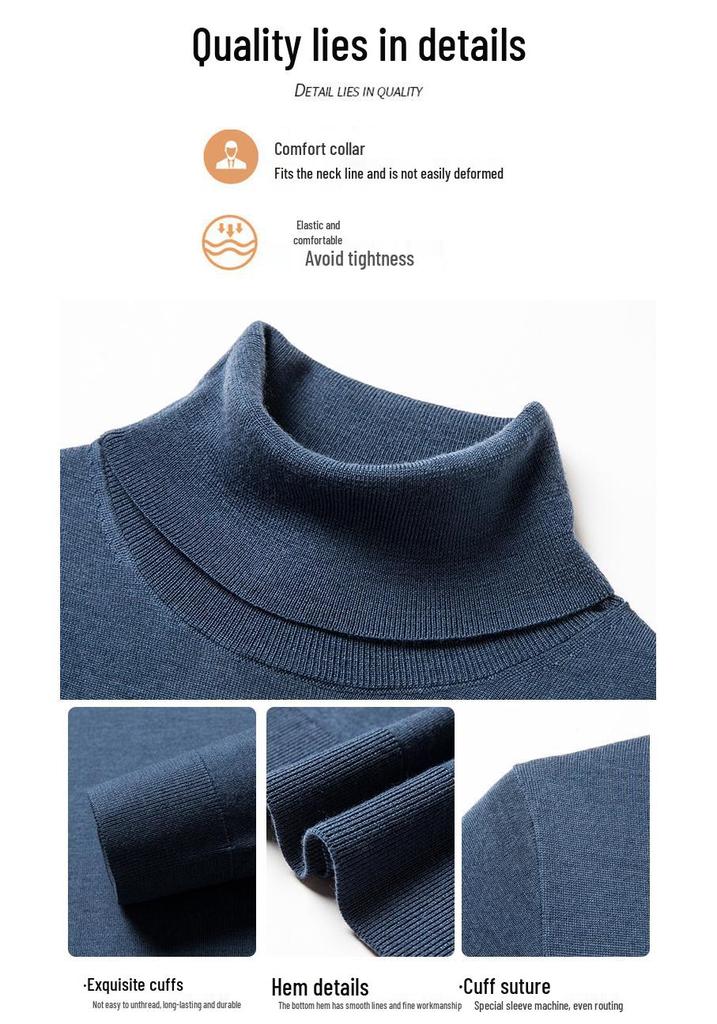 Men's Machine Washable Merino Wool High Neck Sweater, Solid Color, Double Folded Collar, Knitwear for Middle-Aged Dads, Base Layer