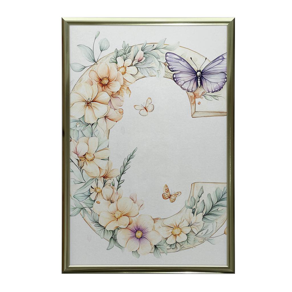 Plakat Kwiatowa Litera "C" Z Motylem Plakat Kwiatowa Litera "C" Z Motylem, 30X40 Cm, Rama Drewniana Biała, Papier Matowy 230 Gsm