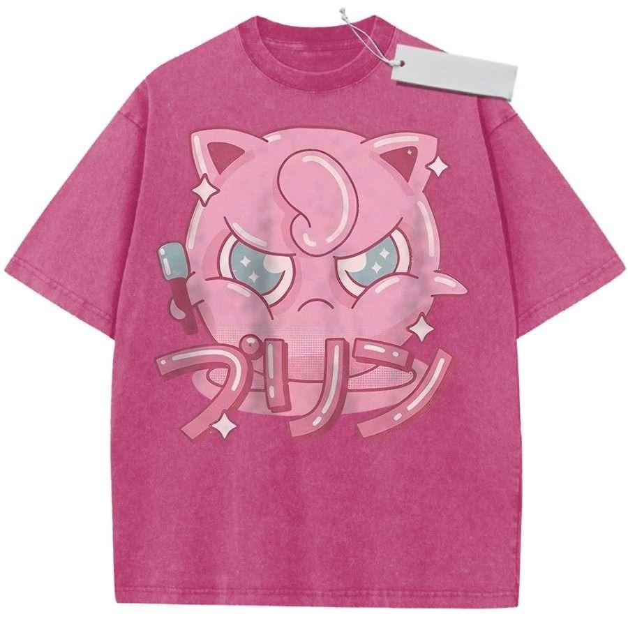 T Shirt Sports T Shirt Short Sleeve T Shirt Rose Red Unisex Pure Cotton Washed Vintage Pokemon Jigglypuff Anime Print
