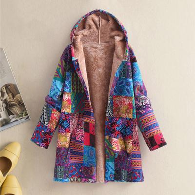 Women Winter Coat Vintage Ethnic Printing Patchwork Plush-lined Hooded with Pockets Mid