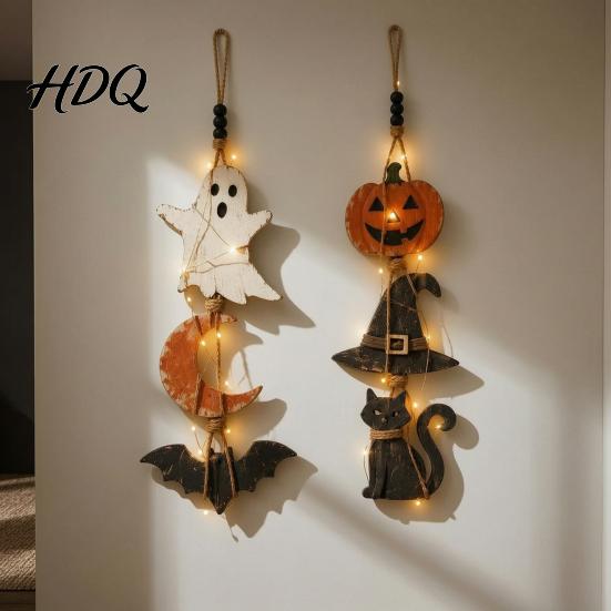 Hanging Signs with Warm Lights 2Pcs Lighted Halloween Wall Decor Wooden Ghost Bat Pumpkin Rustic Farmhouse Decor Sign Jute Rope Ornament for