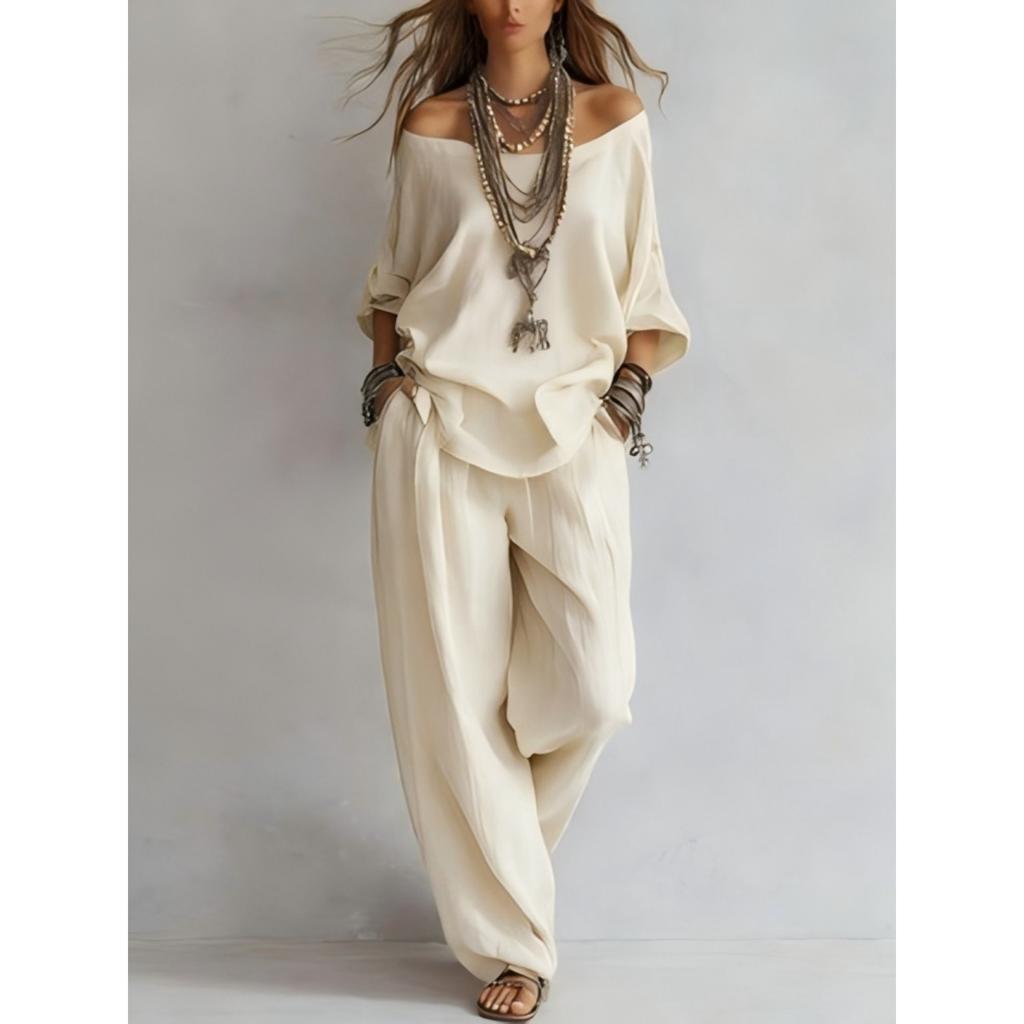 Women's Three Quarter Sleeve Loose Fit Top Wide Leg Long Pants Two Piece Set