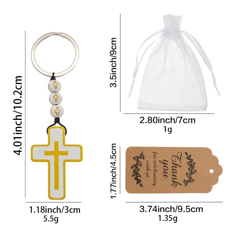Baptism Key Ring Cross White Mesh Bag Holy Communion Gift Wooden Bead String Set Gift