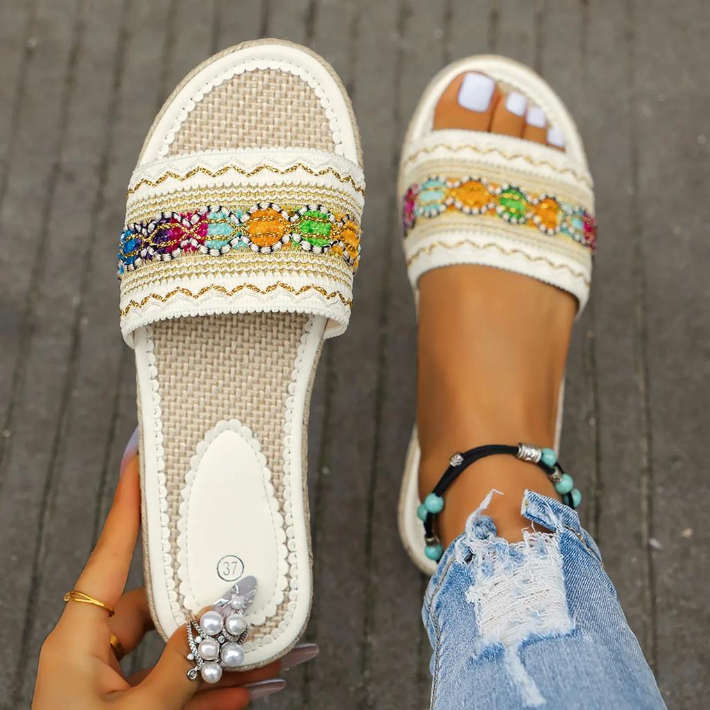 Bottines Chaussons pour Femmes Été Slip on Décontracté Bout Ouvert Strass Plat Semelle Souple Talons Hauts Chaussons pour Femmes