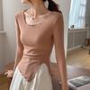 Women's Long Sleeve Slim-Fit Ribbed Cotton T-Shirt with Rolled Edge & Irregular Slit, Autumn 2025 Style.