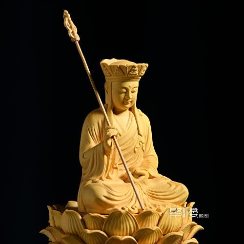 Hanro Art Carving Buddhist Statue, Jizo Bodhisattva, Buddhist Altar Statue, Wood Carving, Boxwood Ornament, Flying Celestial Being Halo, Octagonal Ped